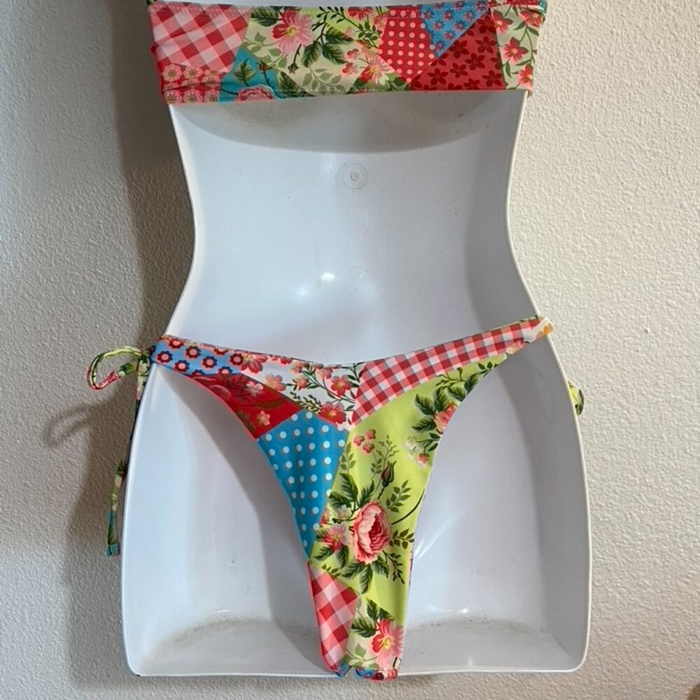 Mixed Patchwork Print Strapless String Bikini Wit… - image 3